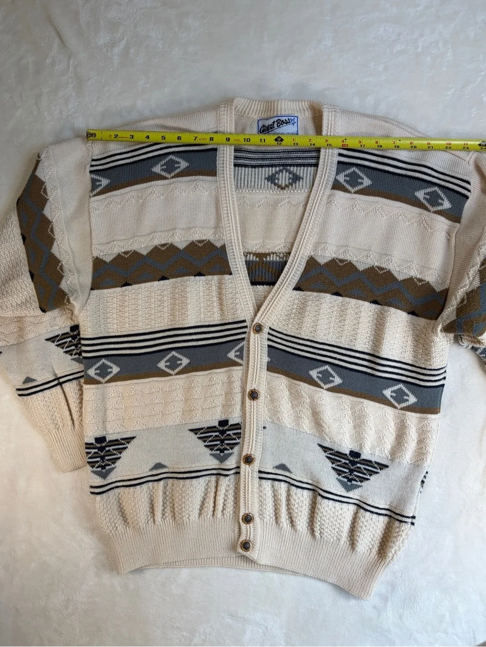 Vintage Great Boss Geometric Knit Cardigan Sweater Mens Large XL